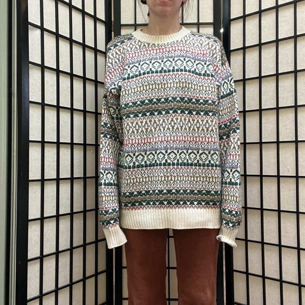 White cotton multicolored striped‎ design oversized sweater vintage 90s size m